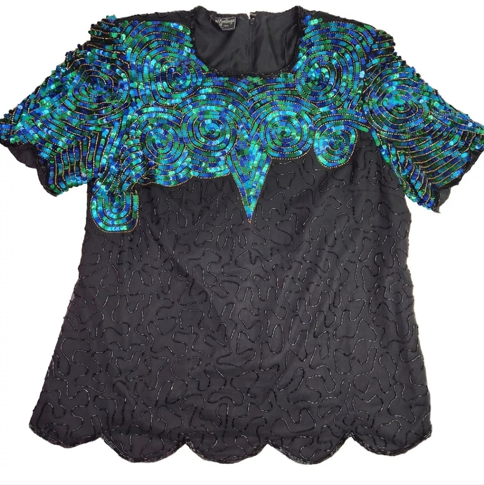 Vintage Royal Feelings Womens Silk Sequin & Beaded Blouse Turquoise & Black 1X